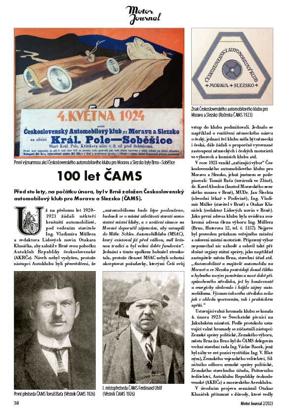 Motor Journal 2023/02 100 let čams Československý automobilový klub pro Moravu a Slezsko