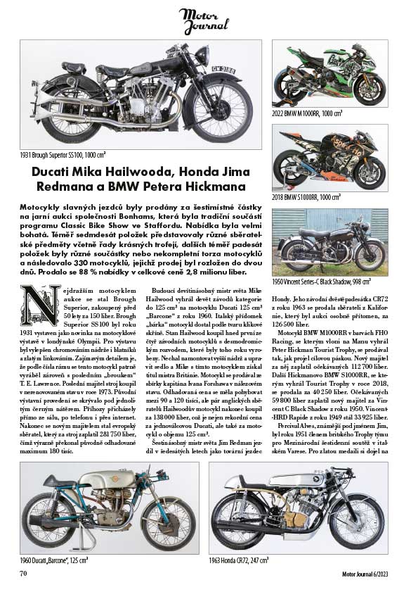 Motor Journal 6/2023 Aukce Bonhams ve Staffordu – Ducati Mika Hailwooda, Honda Jima Redmana a BMW Petera Hickmana